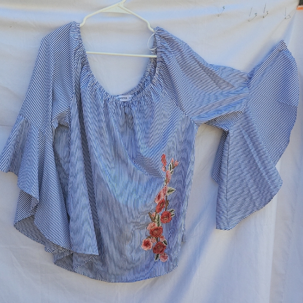 Roommates Striped Blouse with Floral Embroidery